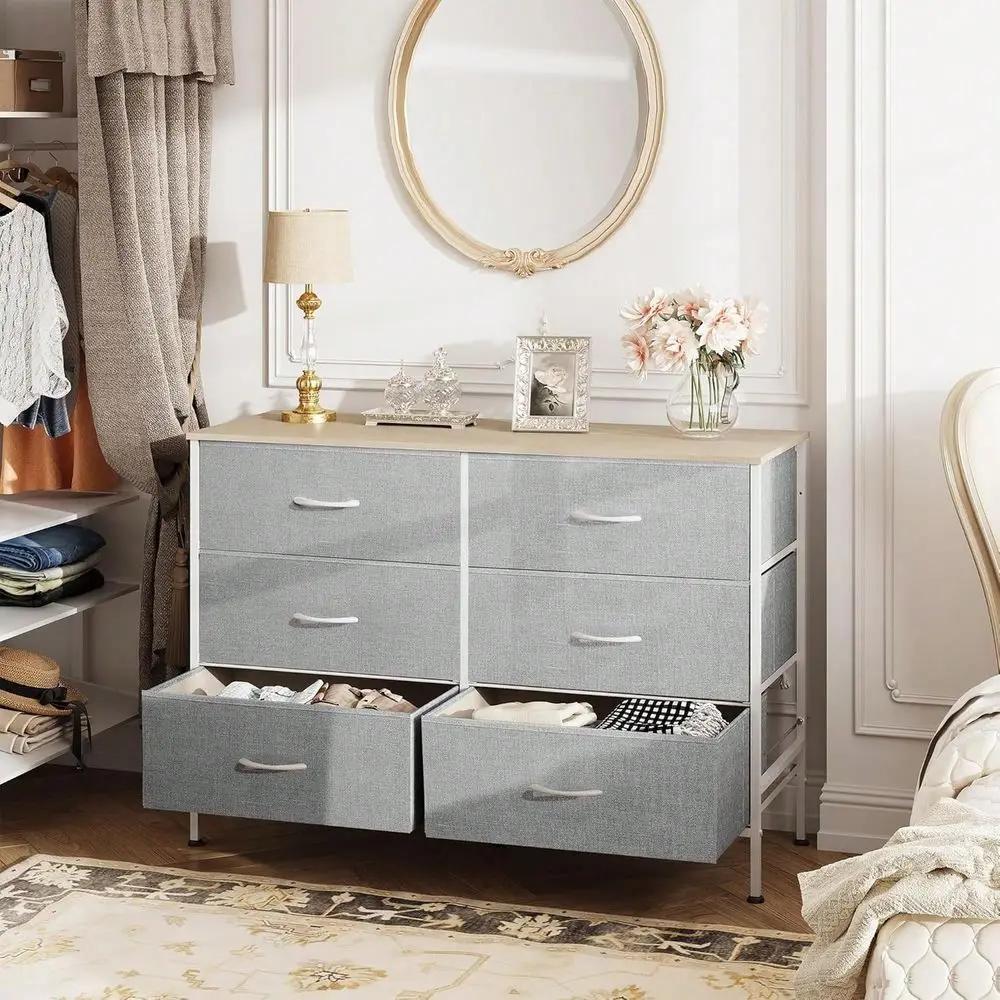 

Dresser With 6 Drawers, TV Stand For 50 Inch TV, Entertainment Center With Metal Frame, Wooden Top, Fabric Storage Dresser For