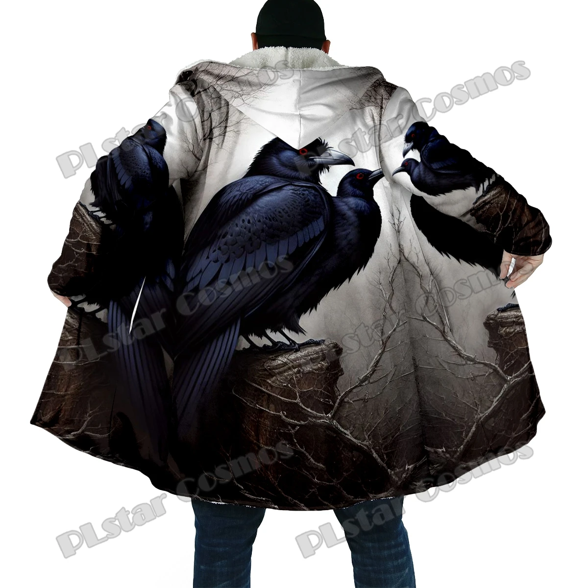 Winter Fashion Men's cloak Halloween Crow Skull Pattern 3D Printed Thick Fleece Hooded Cloak Unisex Casual Warm Cape Coat DP62