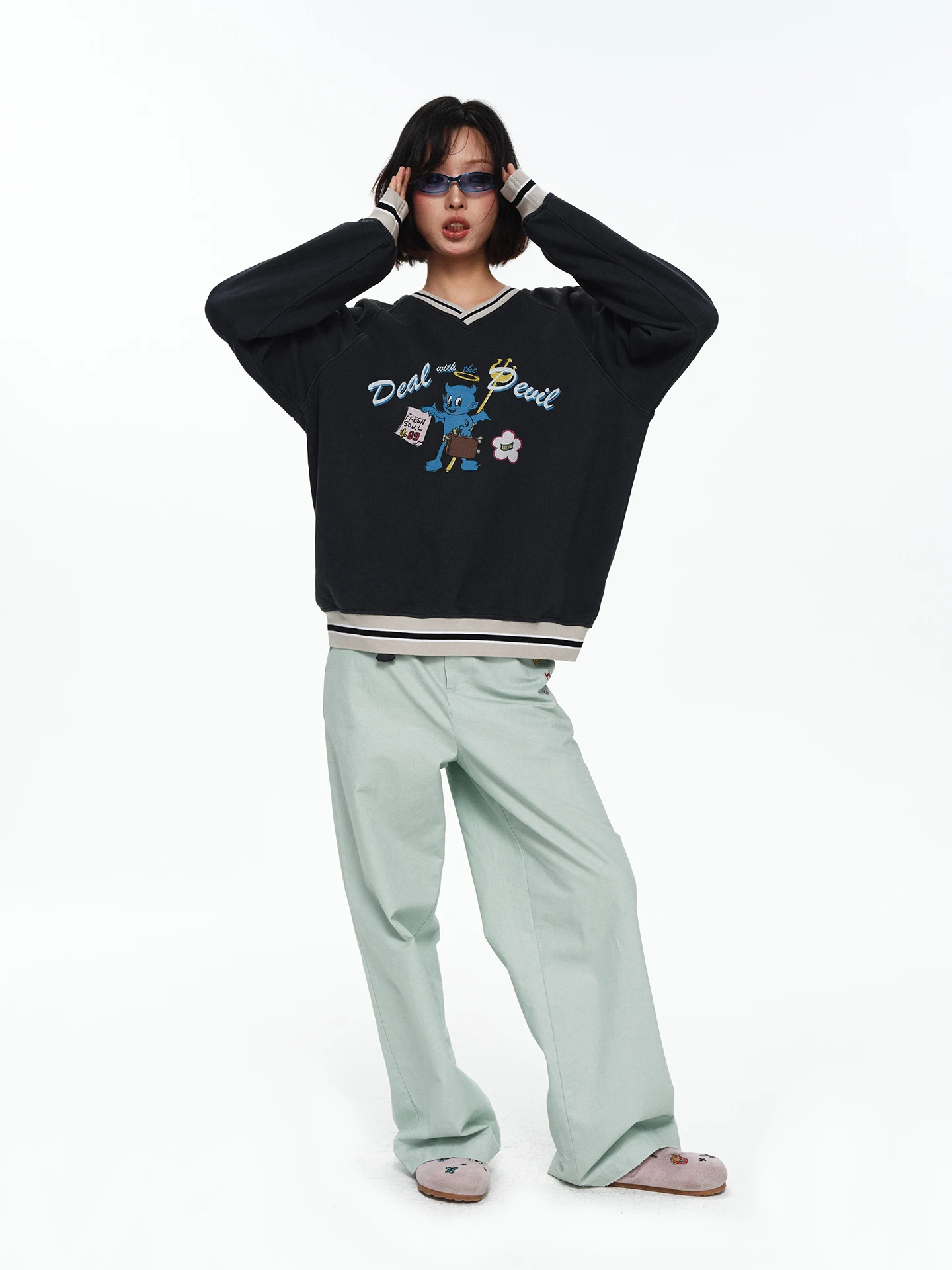 TIPSEVEN Original Design Loose Fit V-Neck Sweatshirt Vintage Patchwork Women's Long Sleeve Crew Neck Pullover Hoodie
