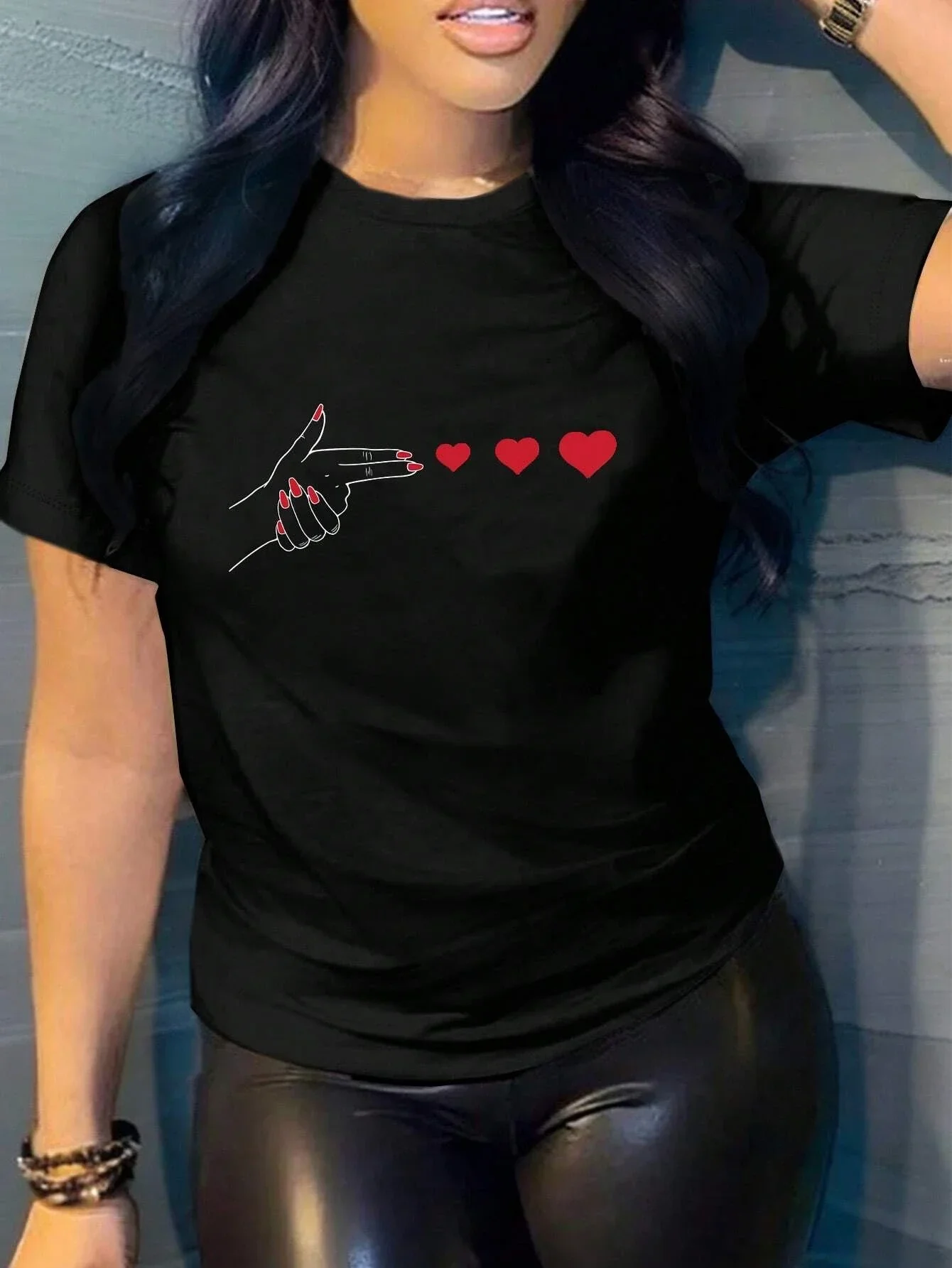 Camiseta informal para mujer con estampado en forma de corazón, Top de manga corta con cuello redondo y manga corta, ropa informal para mujer Shein