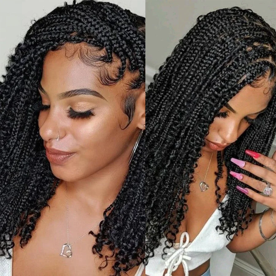 

12'' Boho Box Braids With Curly Ends Synthetic Goddess Bohemian Braided Wigs Knotless Cornrows Braids Wigs Short Bob Dreadlocks