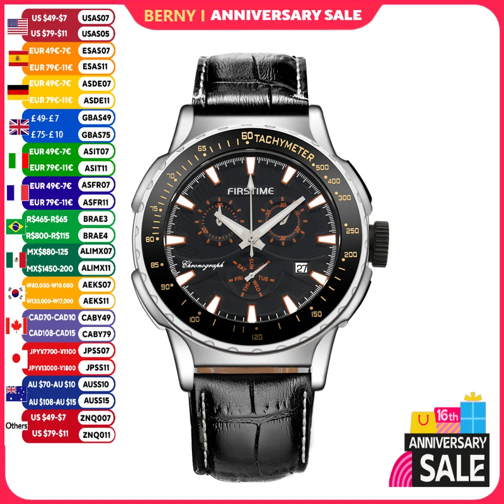 BERNY Men\'s Watches Super Luminous Sport Chronograph Quartz Wristwatch Day date Multiple Dial Male Clock 10ATM Waterproof Watch
