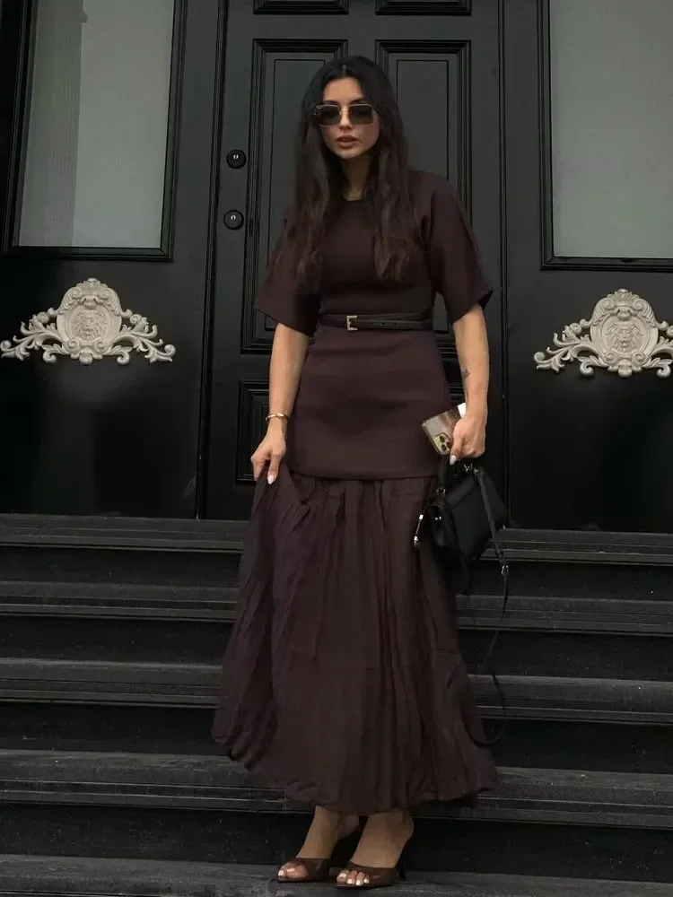 Frauen Elegante Halbarm O-Kragen Plissee Kleid Frühling Frau Hinten Zipper Spleißen Vintage Beiläufige Gestrickte Lange Kleid