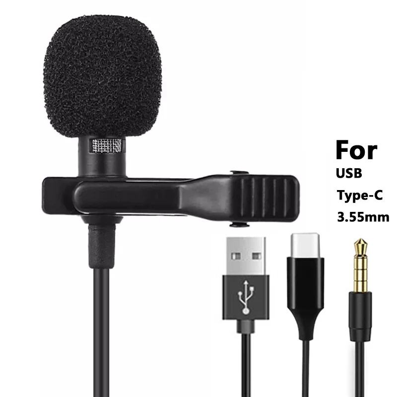 Mini microfone portátil 1.5m, microfone de lapela com clipe de lapela, com fio, usb 3.5mm, tipo-c, condensador, para telefone, mac, laptop, pc