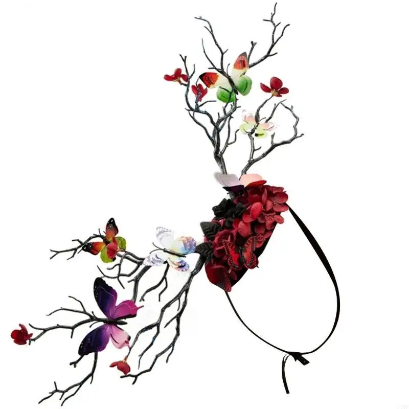 

C71F Flapper Hat Flower Branch Butterfly Gothic Witch Flower Hat for Live Shows