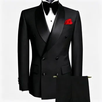 Men Suit Black 2 Pieces Double Button With Black Lapel For Wedding Groom Business Birthday Banquet Work Suit Jacket And Pants