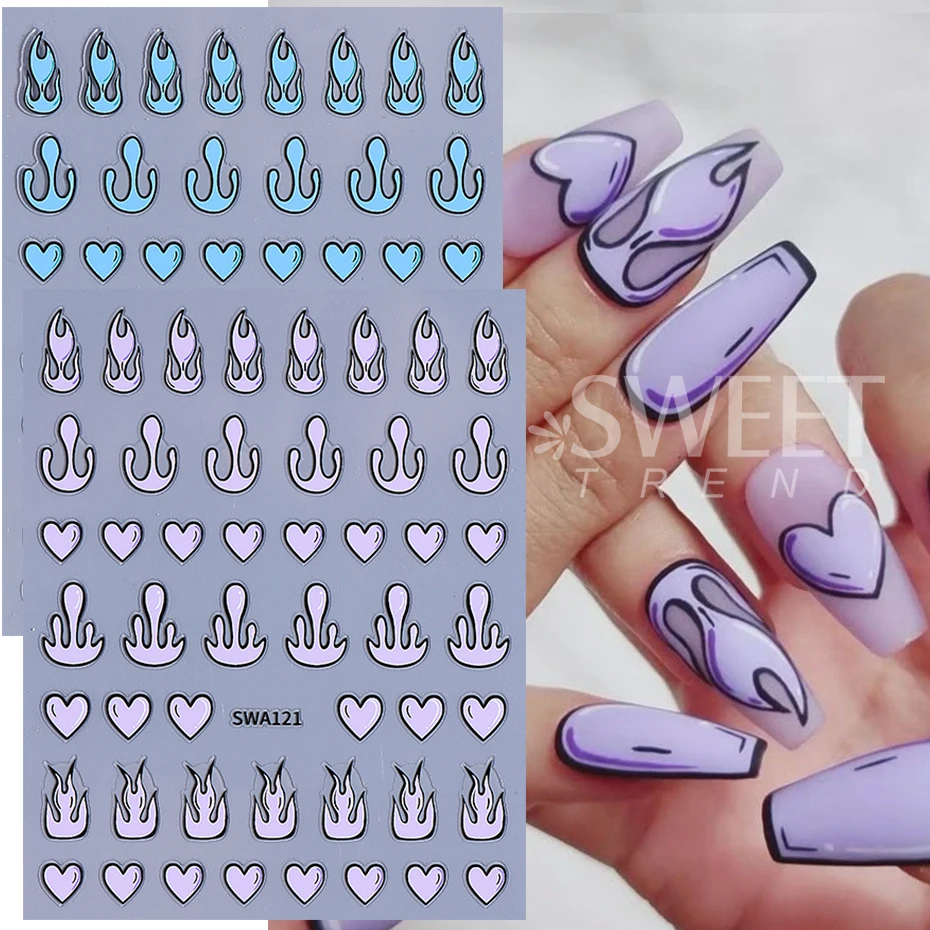 3 pçs quadrinhos amor coração adesivos de unhas rosa azul dos desenhos animados amor fogo chama decalques de unhas design diy decoração verão chama sliders manicure