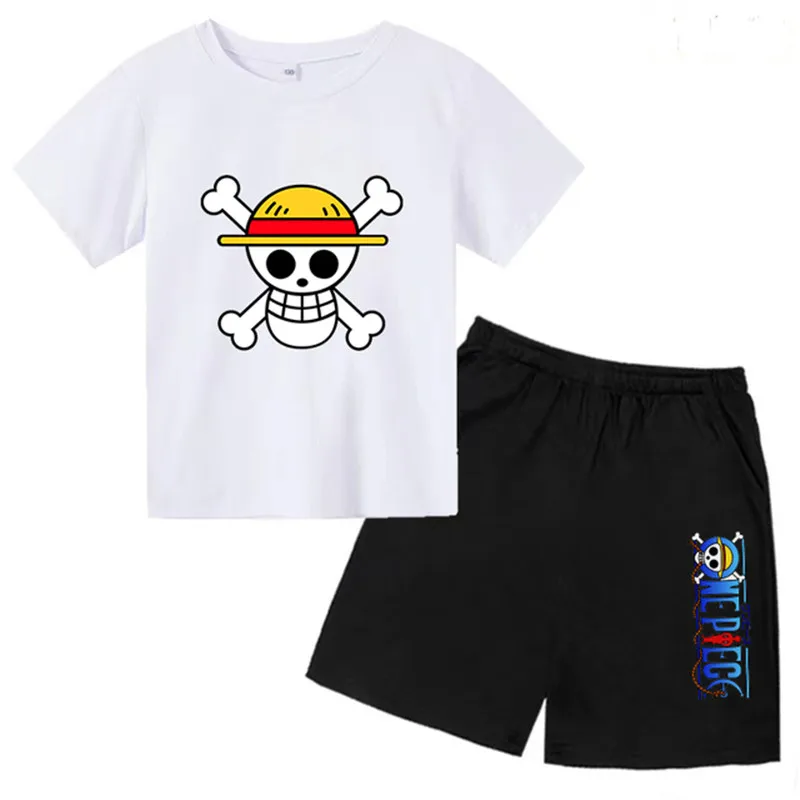 Children Summer Short Sleeve T-shirt Boys Girls Toddlers 3-12Y Anime One Piece Luffy Print Top + Shorts 2P Cute Fun Casual Suit