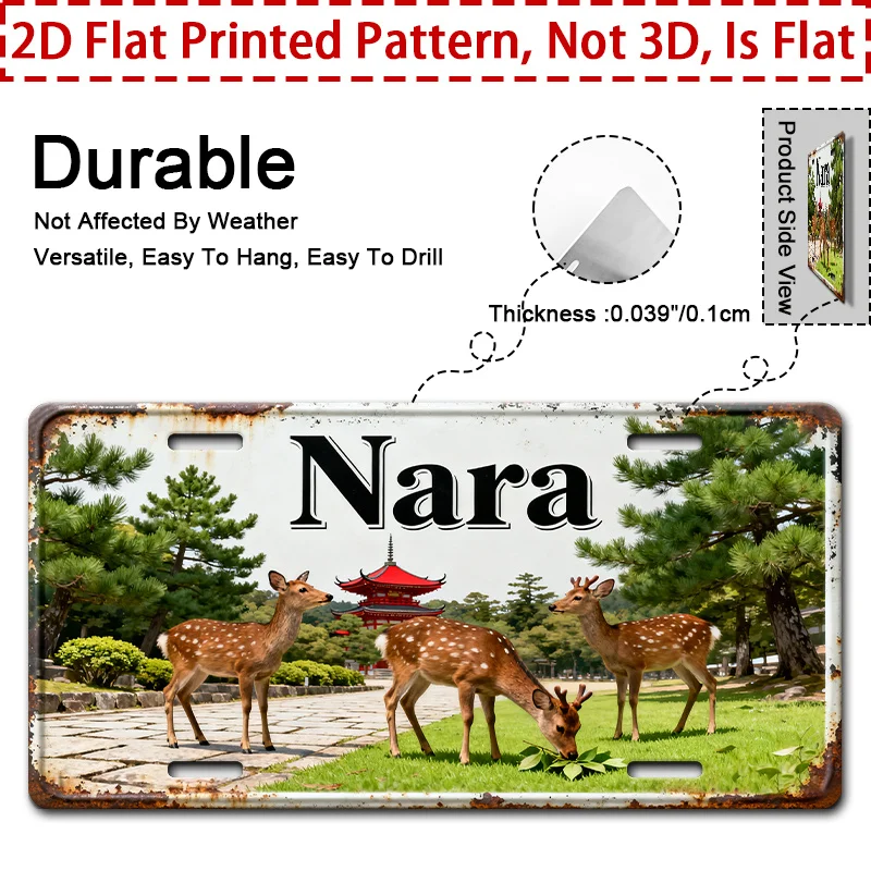 Decoración de Pared Metálica 2D Retro con Temática de Nara, un Solo Elemento, Letrero de Aluminio Estilo Rústico con Diseño de Ciervo y Pagoda