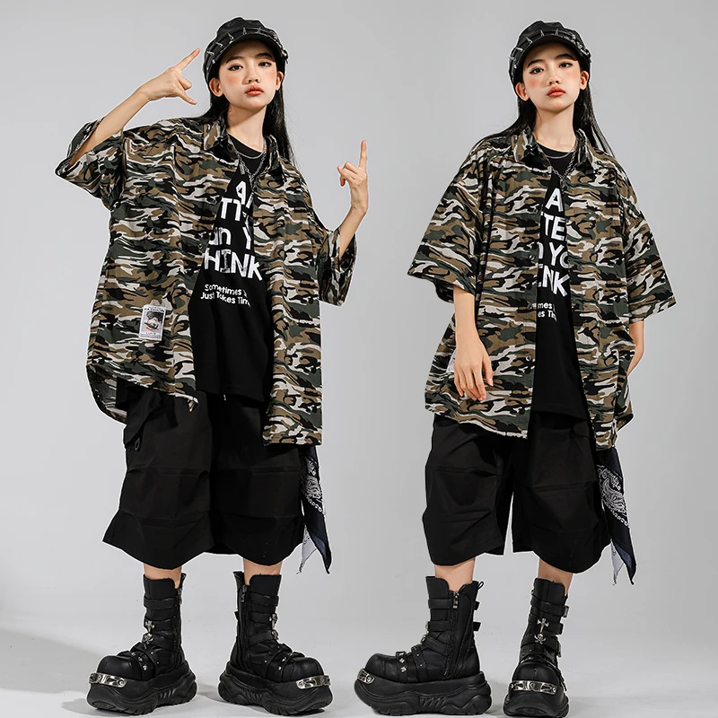 Jungen Hip Hop Camouflage Mantel Cargo-Shorts Mädchen K-pop Street Dance Kleidung Kinder Military Streetwear Kinder Jazz Kleidung Set