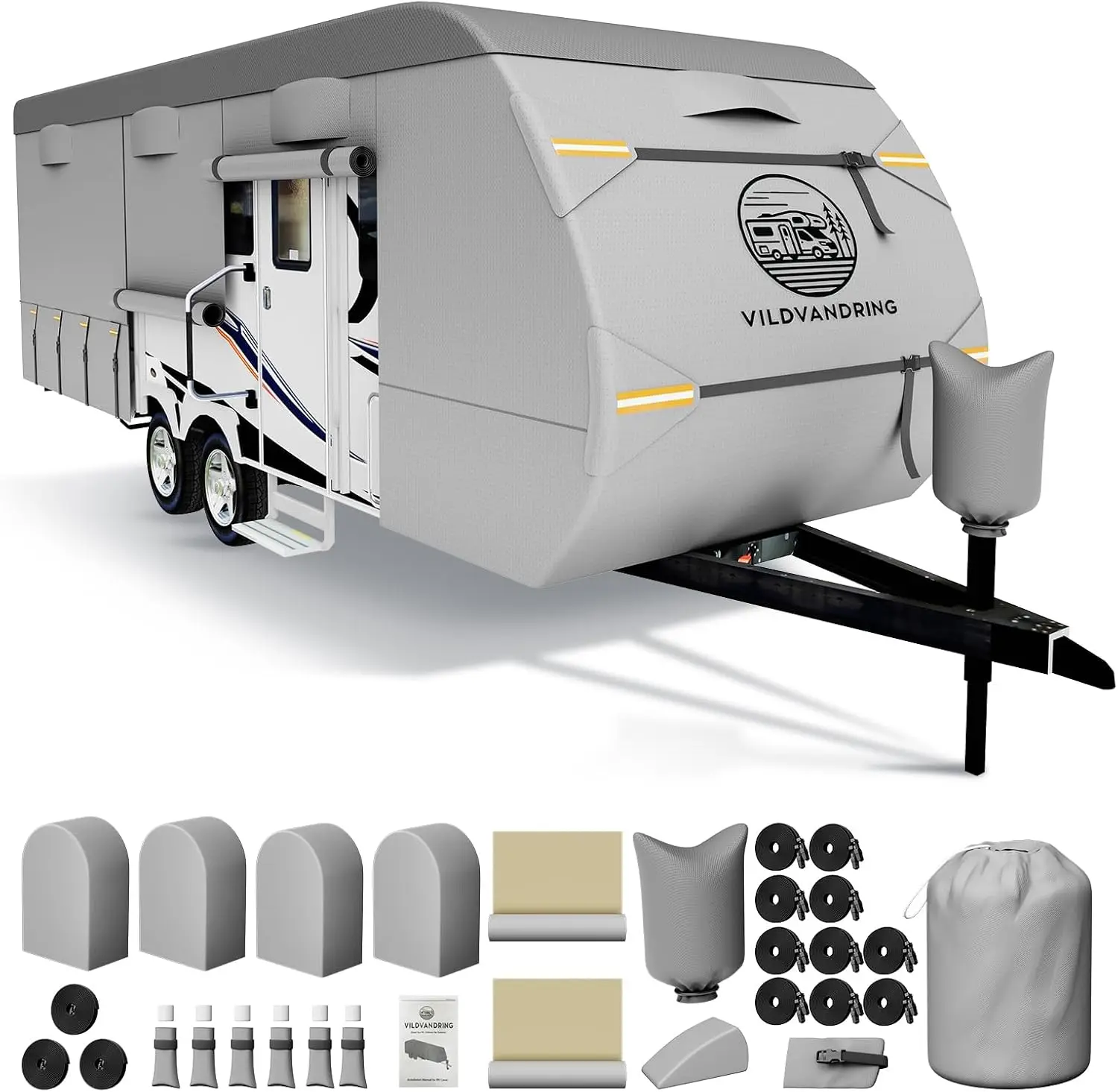 Travel Trailer RV Cover 27-30ft, Multi-Layer Breathable Rip-Stop Camper Cover with Water-Resistant Coating, Repair Kit, Gutter Protection, Tire Straps