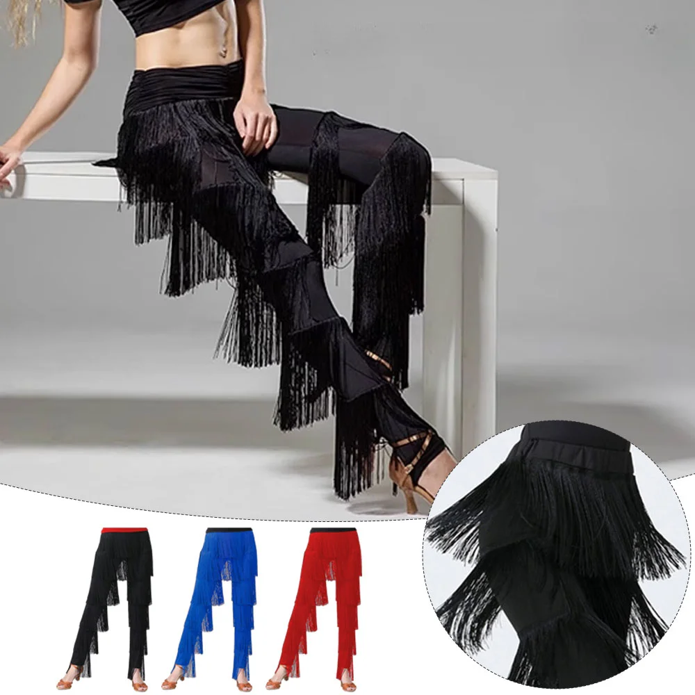 

Womens Dancewear Elastic Waistband Tassel Latin Dance Pants Tango Cha-Cha Performance Costume Tiered Fringed Trousers