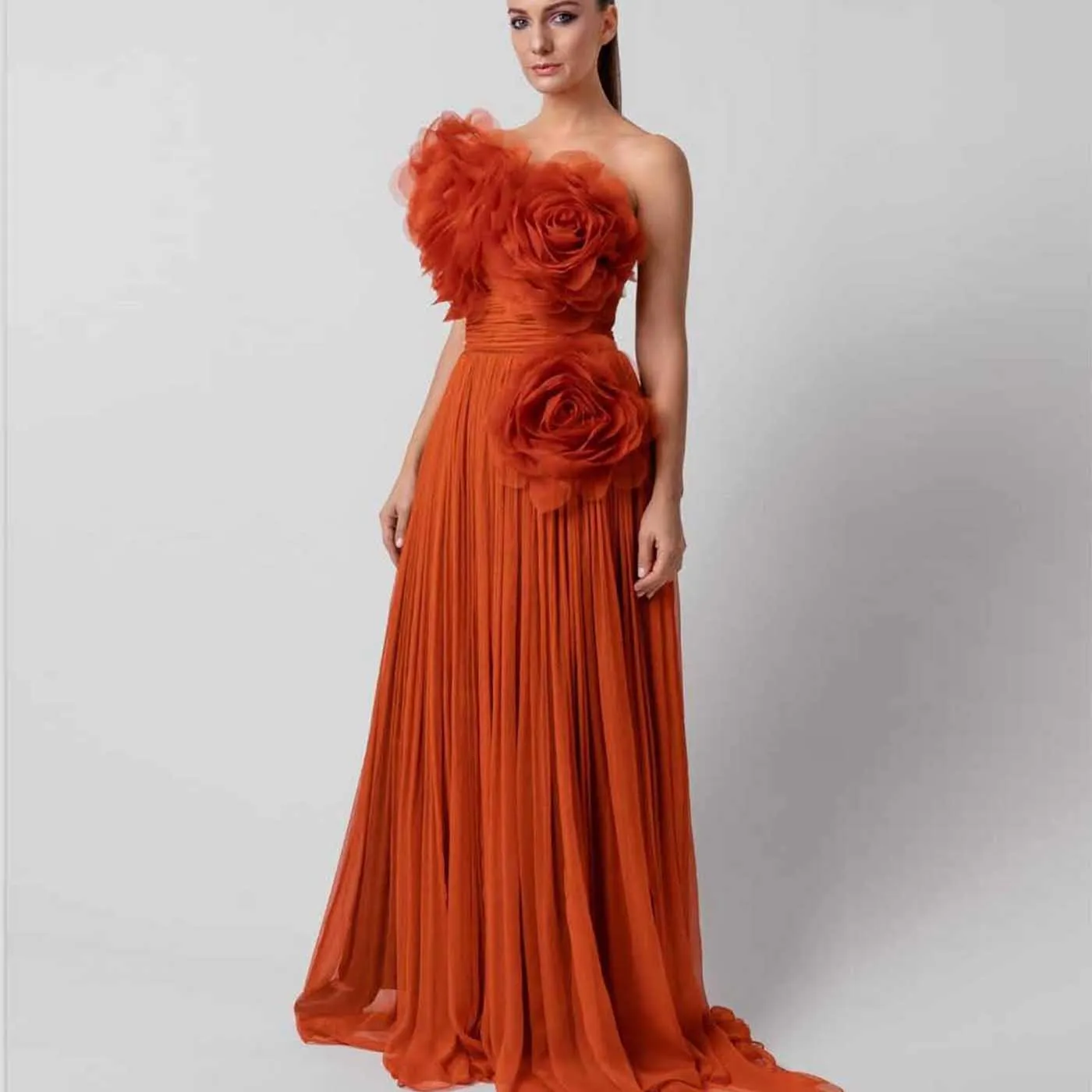 Pretty Burnt Orange Long Evening Gown 2024 Party Dresses Handmade Ruffled Flowers Chic Women Formal Occasion Dress 3D Floral