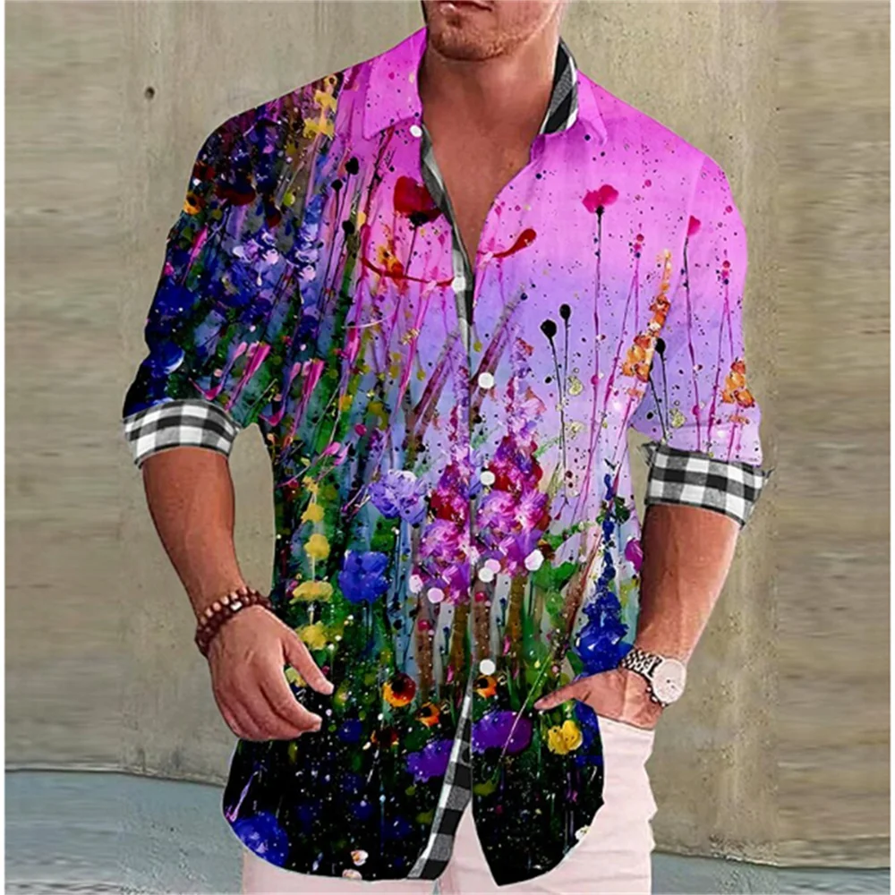 Chemise à manches longues multicolore pour hommes, haut imprimé 3D, motif végétal, vêtements décontractés, mode printemps et automne 2024