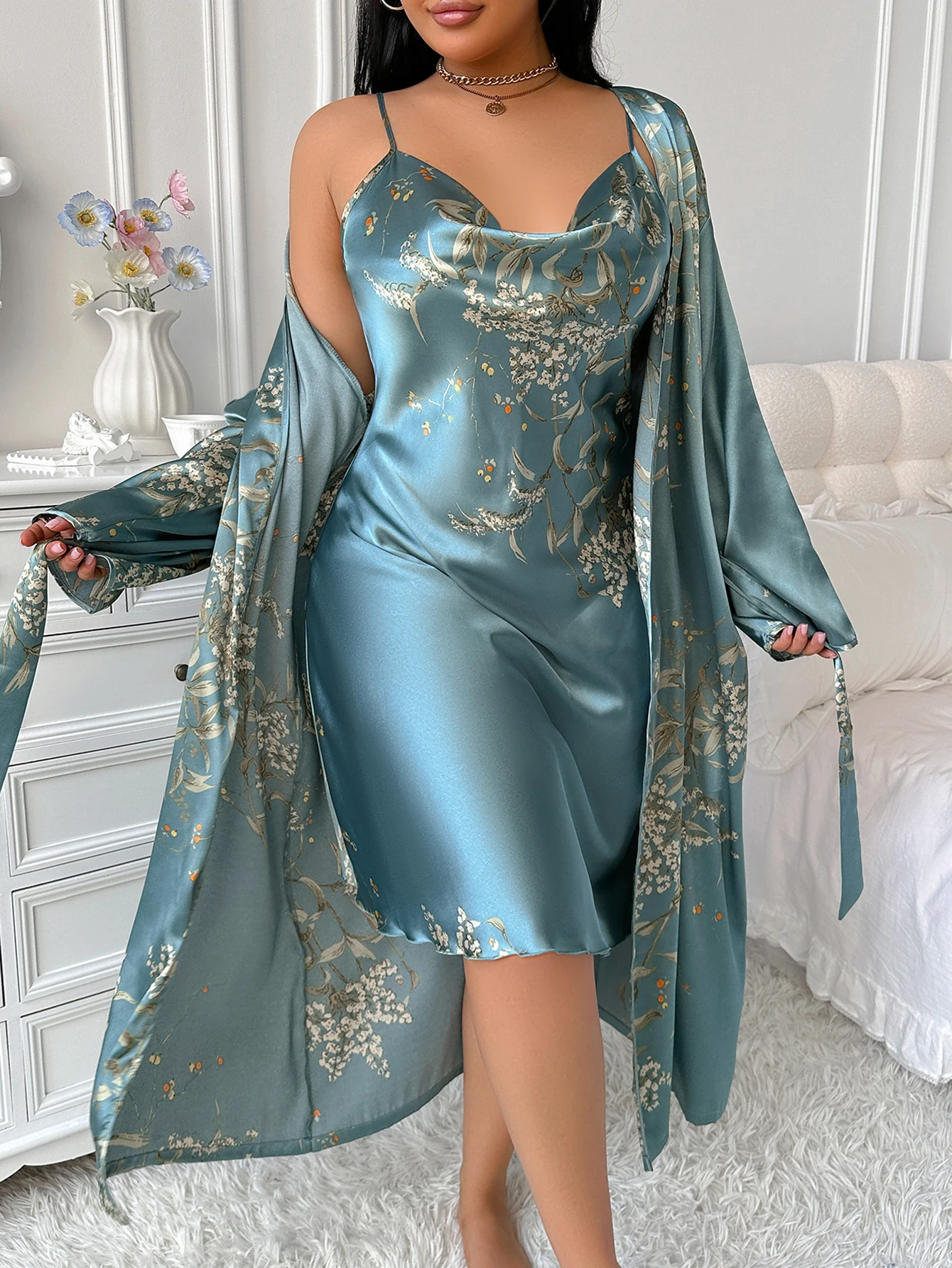 2-piece cherry random print sexy halter dress paired with a comfortable bathrobe for a home lady's pajama set