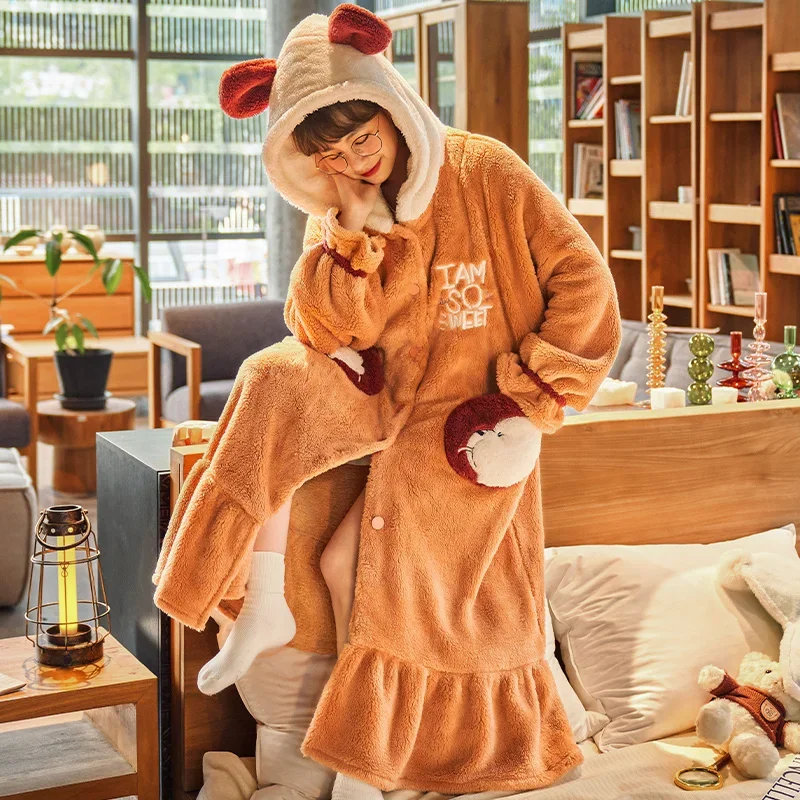 autumn winter Long Winter Coral Fleece Bathrobe Women Cozy Kimono Shower Robes Loose Rest Nightgown Hooded Warm Kimono Bath Robe