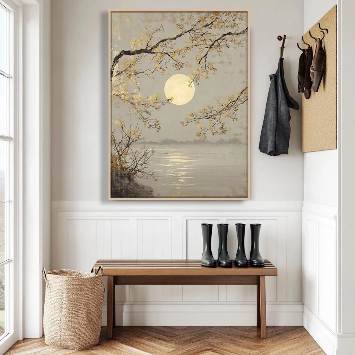 Serene Japanese-Inspired Landscape Wall Print Decor - Elegant Textured Painting of a Full Moon Glowing Over a Calm Lake, Framed