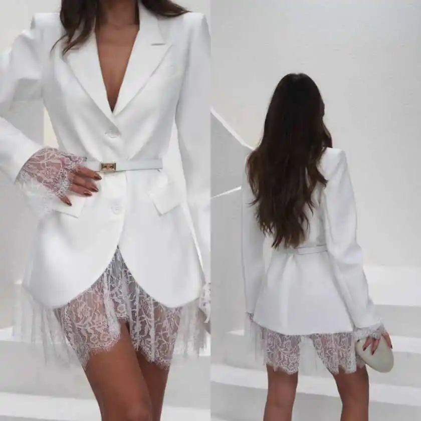 

Elegant Lace Trim Women's Blazer Dress Belted Waist Asymmetrical Hem Long Sleeve for Formal Party Event Evening Wear Customized