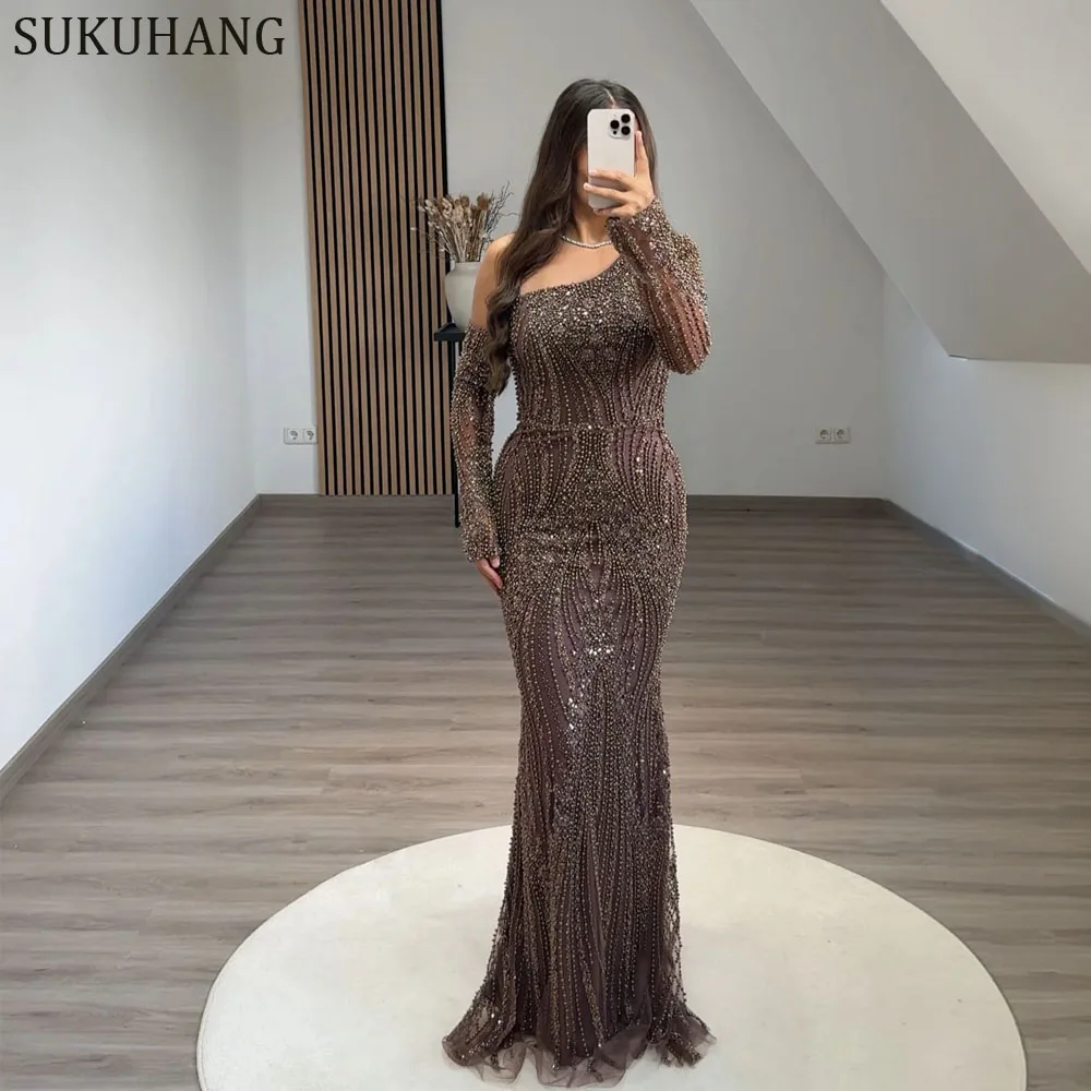 SUKUHANG Long Sleeve Dubai Beading Evening Dresses Mermaid Floor Length Wedding Party GownsCustomized