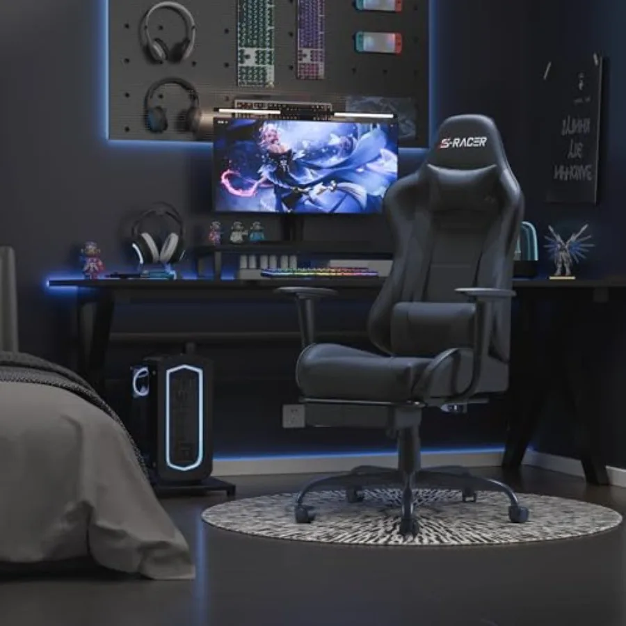 Ergonomic Gaming Chair for Home Office Use, Faux Leather, Black, Lumbar Support and Adjustable Height