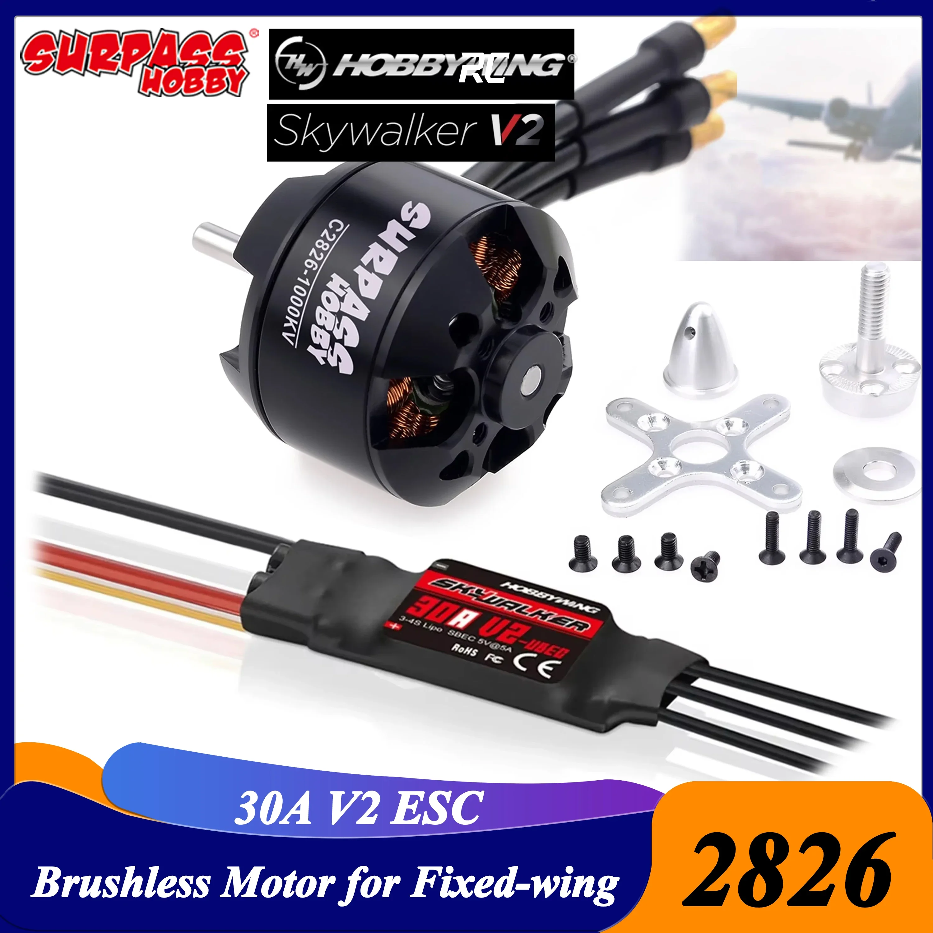 

Surpass Hobby 2826 1000KV 1350KV 1900KV Brushless Motor with Hobbywing 30A V2 ESC for FPV Racing Drone RC Fixed-wing Airplane