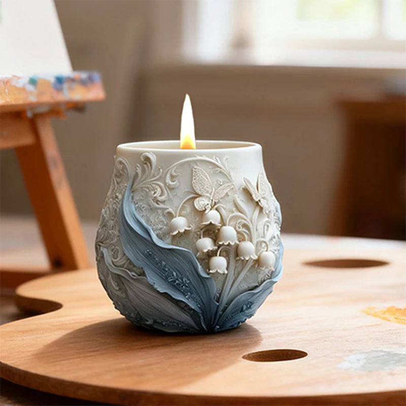 

Relief Lily of The Valley Butterfly Aromatherapy Candle Cup Silicone Mold DIY Gypsum Succulent Plant Flowerpot Storage Box Mold