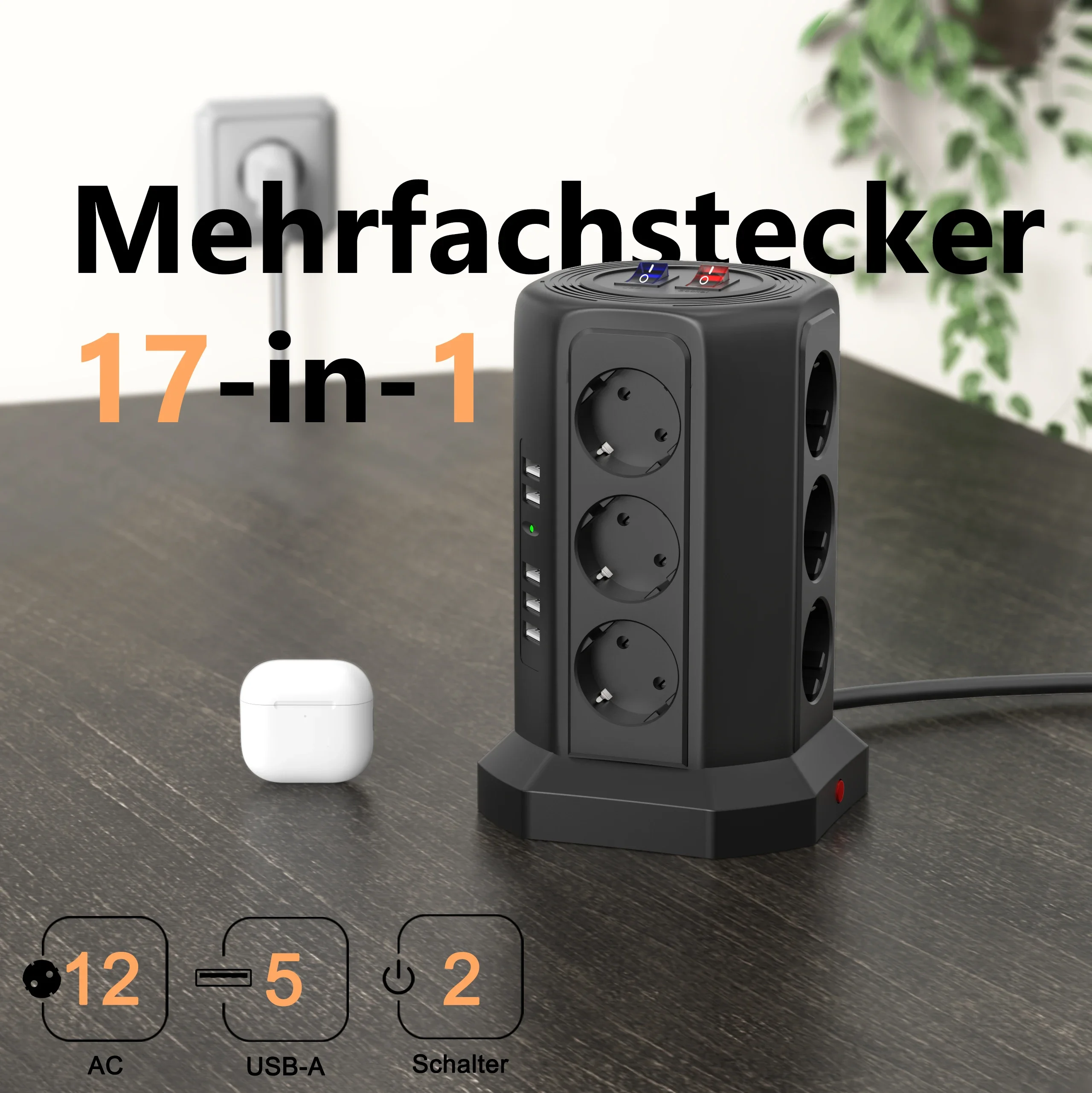 

Power Strip EU Plug Multiple Socket with 5 USB 2 Switch 17 In 1 Tower Socket Surge Protection 2M Extension Cord