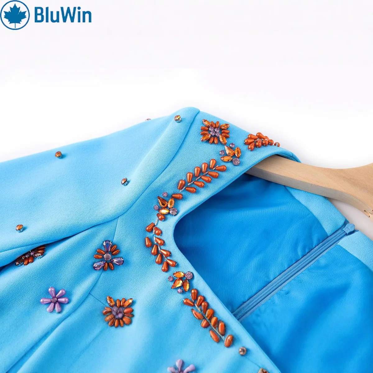 BluWin Light Blue Beaded Appliqué Midi Dress Women Square Neck Long Sleeve Slim Bodycon Elegant Cocktail/Evening Party