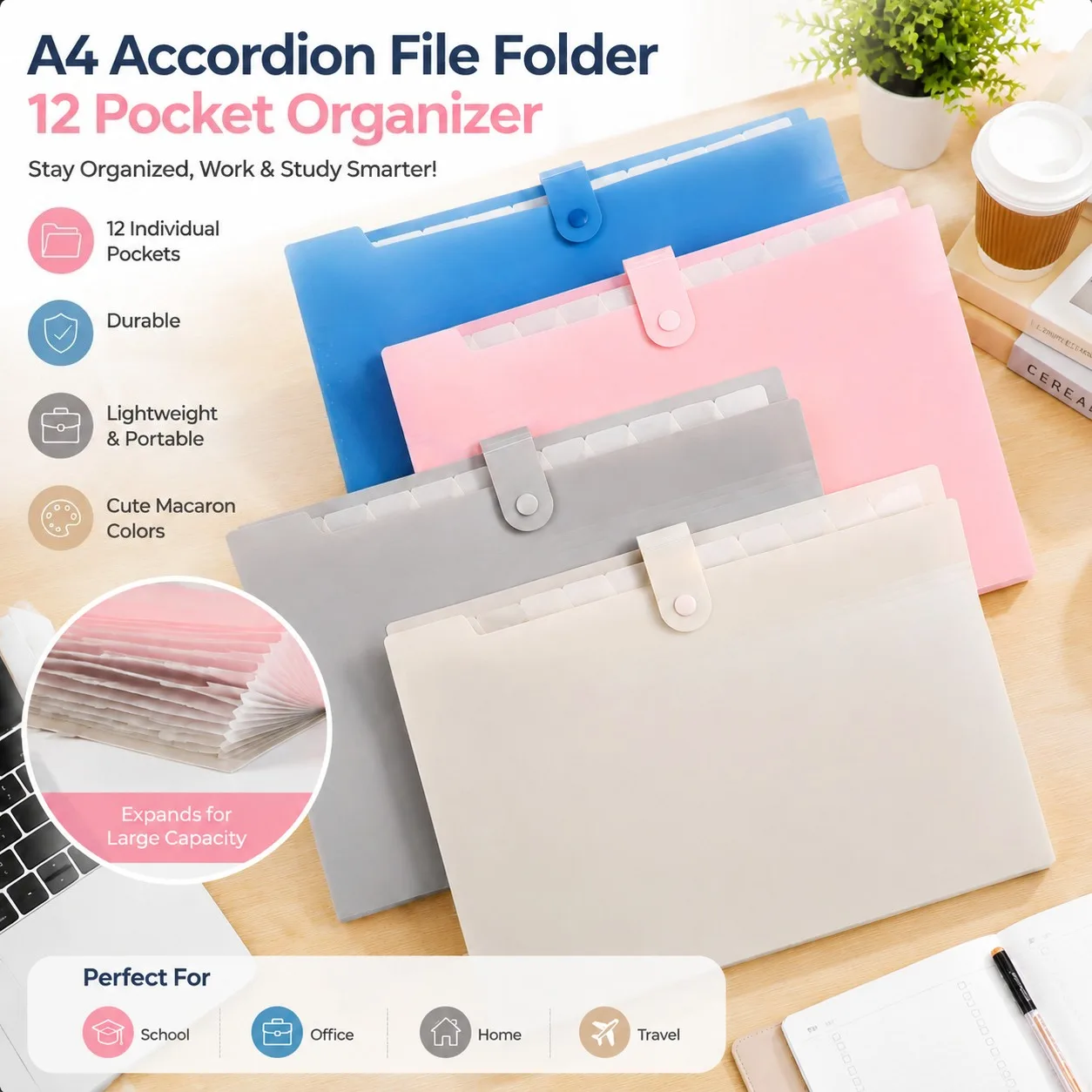 A4 12 Pocket Macaron Color Accordion File Organizer Expanding Document Storage Bag Paper Receipt Bill Storage Stationery