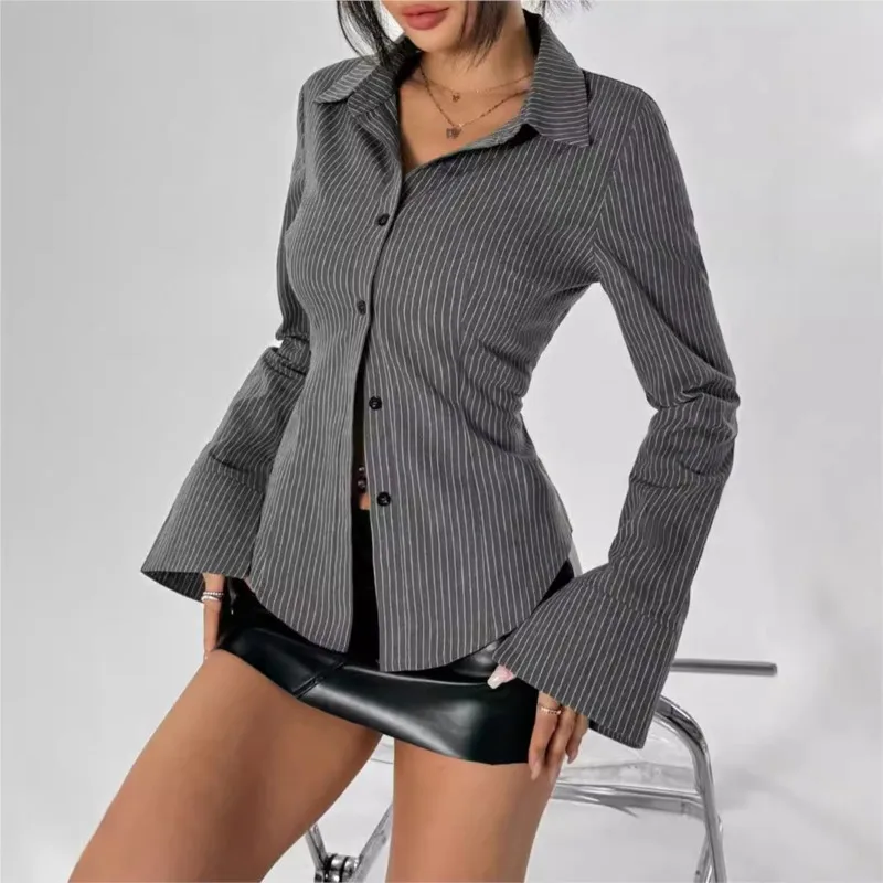 

Women's Vintage Blouses Spring Autumn Striped Casual And Fashion Shirt Cardigan New Button Long-sleeve Slim Shirts Women Clothes