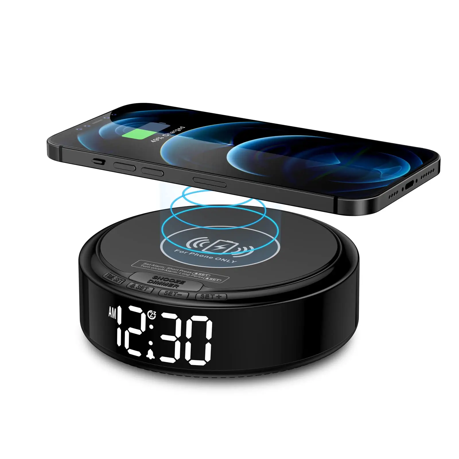 REACHER Small Wireless Charging Digital Alarm Clock Dimmable LED Display Easy Snooze Adjustable Volume Compact Size for Bedroom