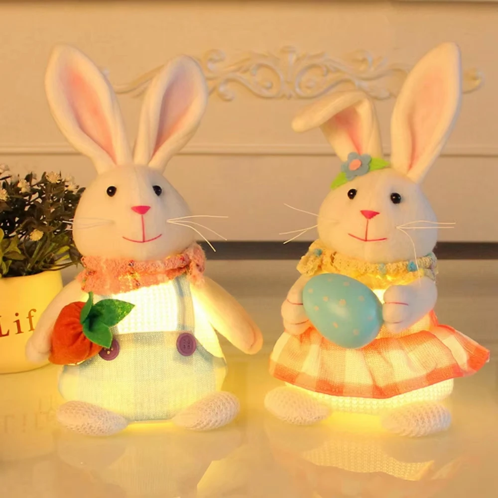 Easter Decorations Lighted Plush Bunny with Easter Egg Carrot Easter Rabbits Couple with Lights Cute Animal Figurine Ornament