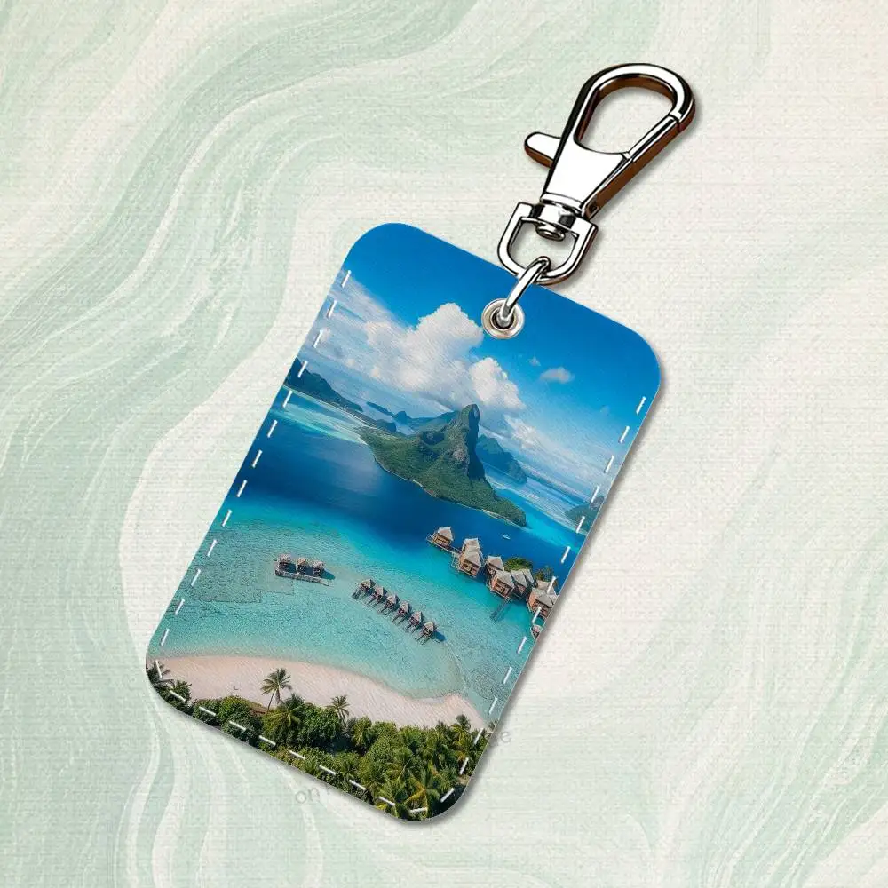 Maldives Scenery Art Rectangle Card Case Keychain Access Card Bag Key Tag Ring Leather Card Holder Key Ring Access