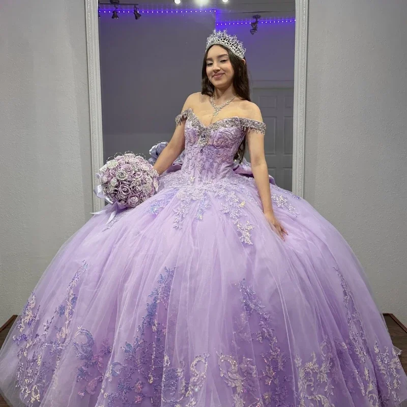 ANGELSBRIDEP Lila Quinceanera Jurken Glitter Kristal Kralen Pailletten Applique Kant Baljurk Tull Sweet 16-jurk op maat