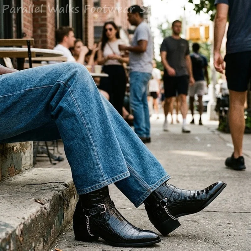 Designer Men Sneakers And Casual Shoes Black Leather Chelsea Boots Studded Rivets Punk Elastic Band Moto Riding Footwear Classic