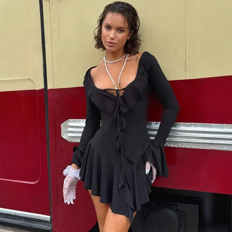Temperament Slim Fit Ruffle Edge V-neck Solid Color Trumpet Long Sleeved Tied Dress for Women's 2025 Spring and Summer New Style