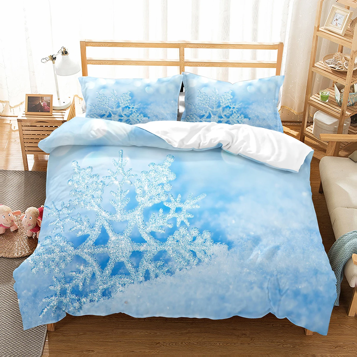 Snowflake Duvet Cover Set Winter Theme Polyester Comforter Cover Twin Full Size For Kids Teens Adults Bedroom Decor Bedding Set