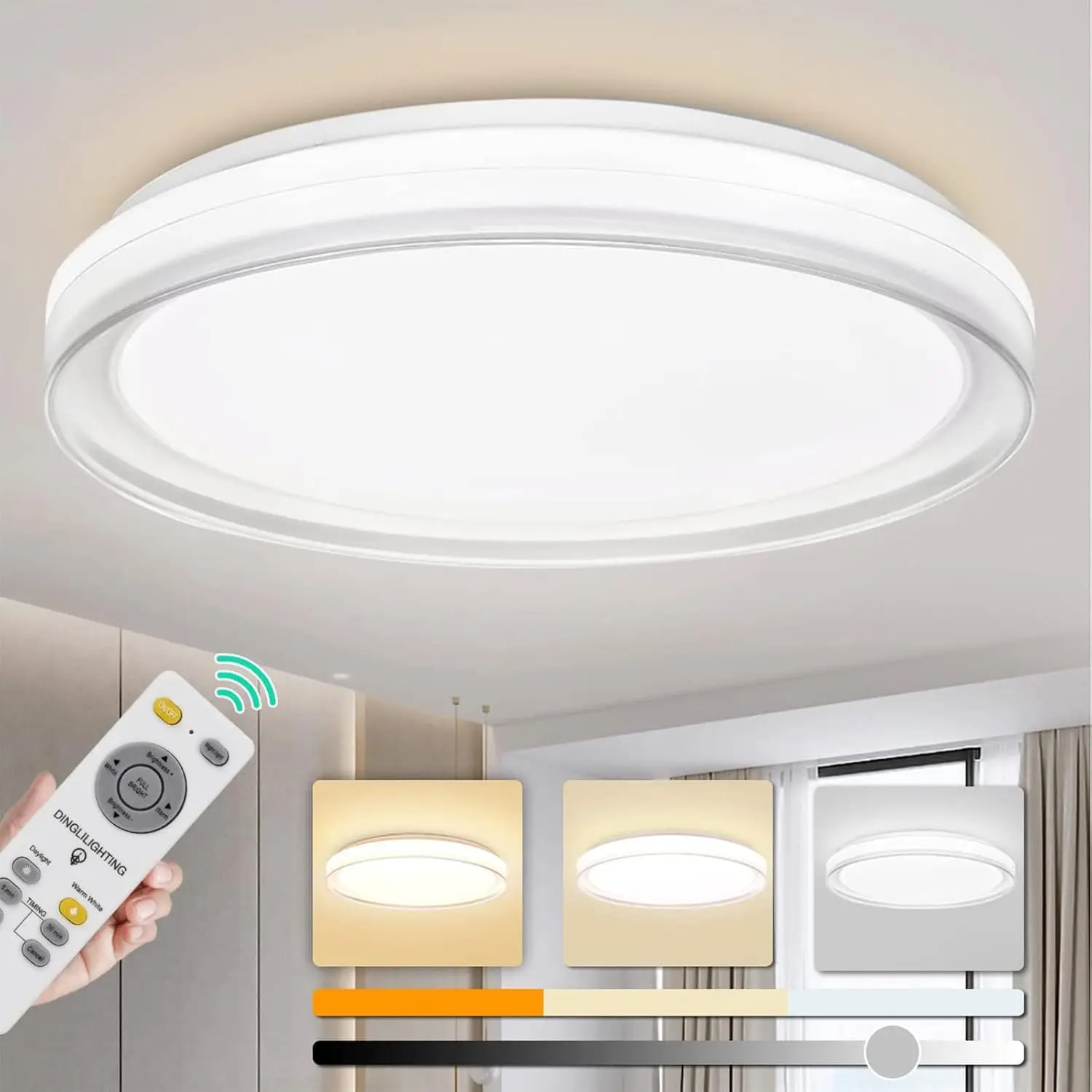 Dimmable LED Flush Mount Luz de teto com controle remoto, redondo perto de luzes de teto, luminária regulável, 18,9 ", 48W, regulável