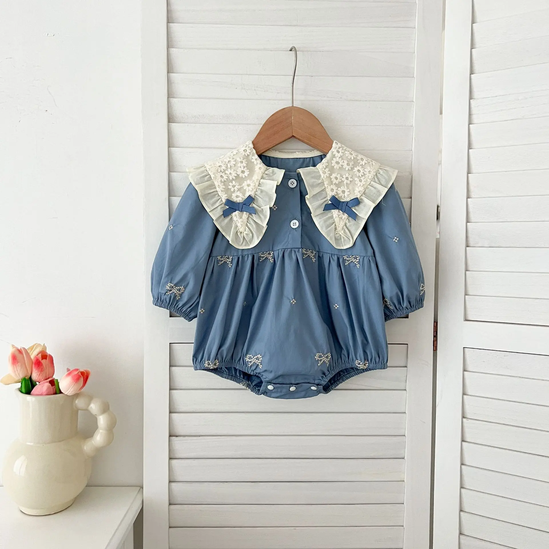 Frühling Schwestern Kleidung Mädchen Bogen Stickerei Spitze Kleidung Baby Strampler Baumwolle Säuglings Body Prinzessin Mädchen Schwester Familie Kleid – Detail 33