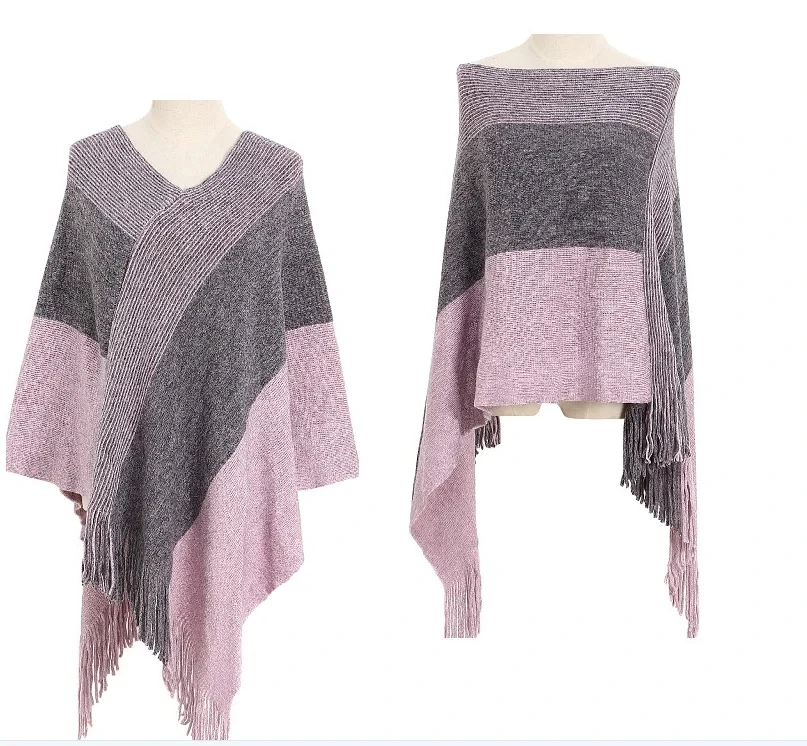 

2024 New Autumn Winter Knitted Shawl Women's Spring Multipurpose Pullover Cape Warm Tassel Cape Lady Stripe Ponchos Pink