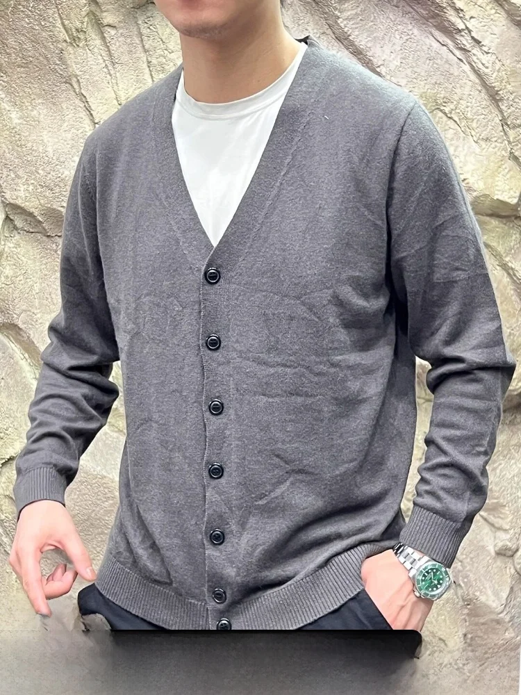 

Мужской теплый вязаный кардиган Ele: мягкий, уютный, высококачественный, осенне-зимний, повседневный, из смесовой хлопково-шерстяной ткани, с длинными рукавами и V-образным вырезом