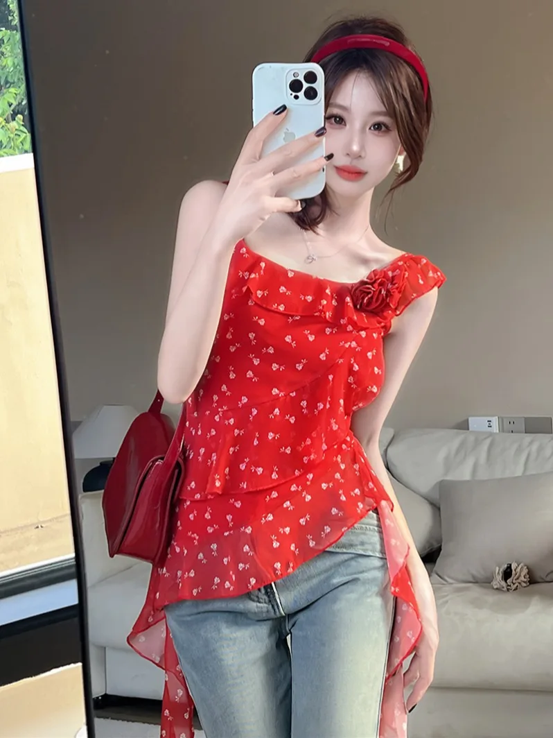 Pure Desire, Sexy, Sweet Countryside Style Fragmented Flowers, Lotus Leaves, Fluttering Flowers, Chiffon Shirt Top for women