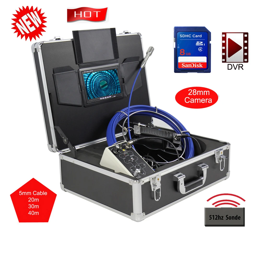 

30m Cable 5mm Rigid 28mm Self Leveling Pipe Locating Drain Sewer Inspection Camera Snake Endoscope Meter Counter Borescope