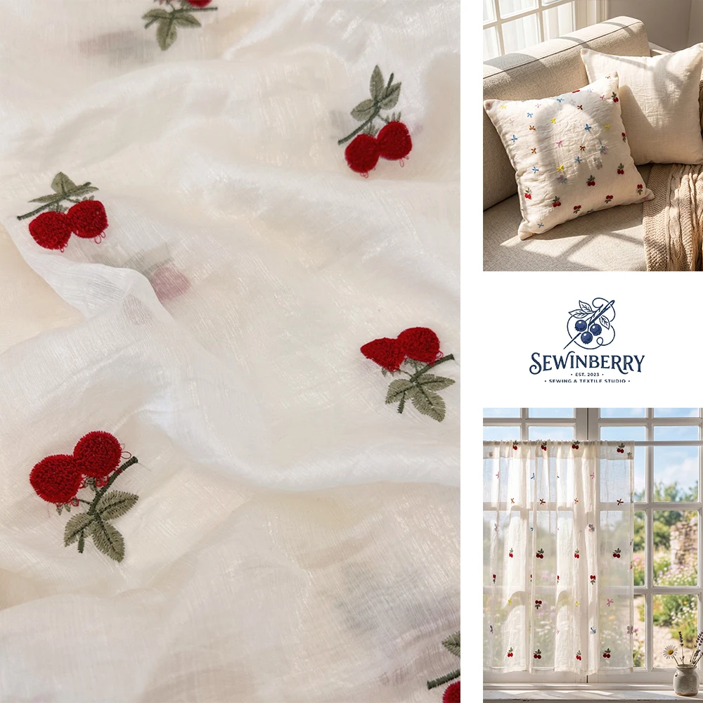 

3D Cherry Embroidered Crinkled Cotton Fabric Cottagecore Sewing Fabrics for DIY Patchwork Clothing and Sewing Supplies 50x145cm