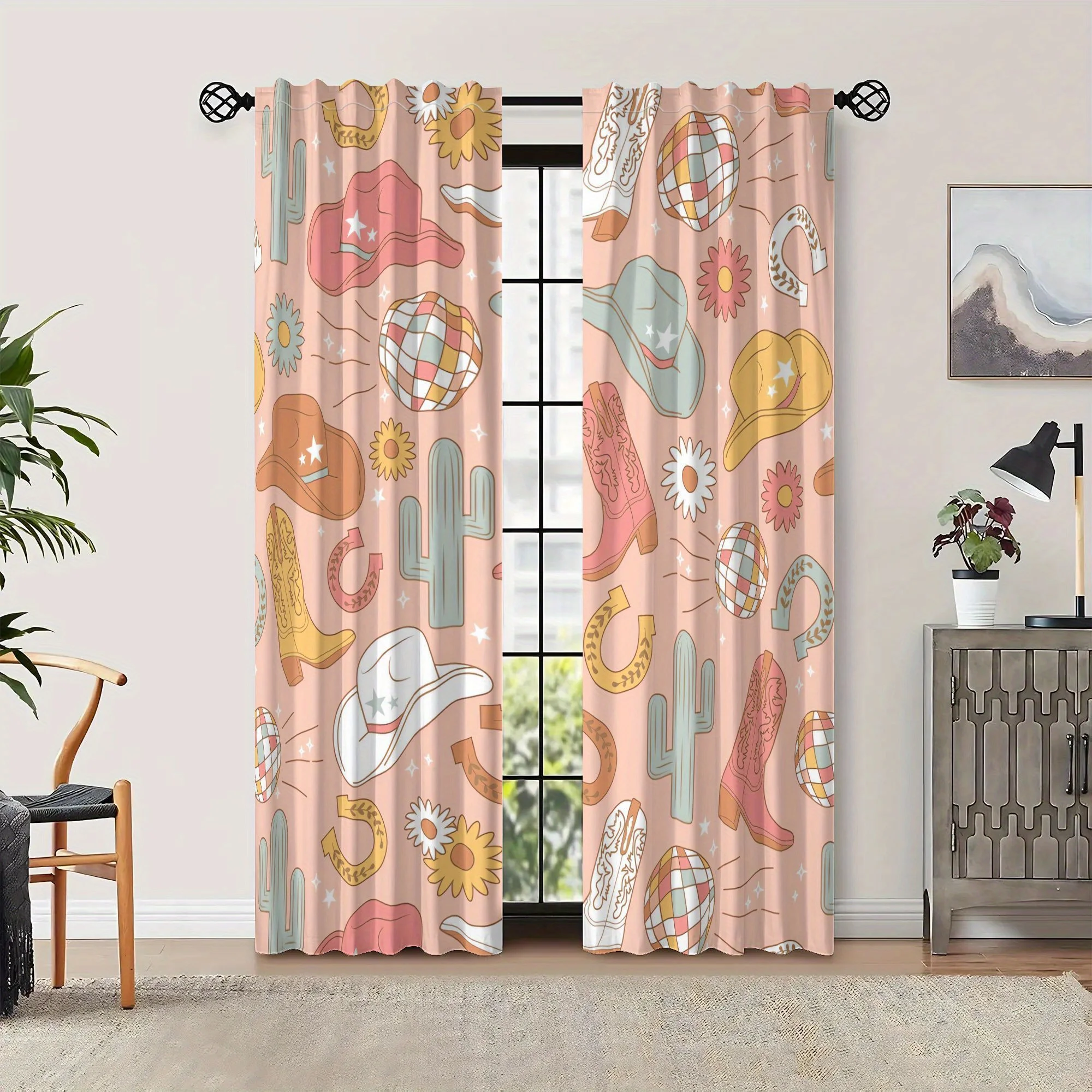 Cowgirl Curtain, Western Cactus Pink Window Drape, Country Ranch Blackout Panel, Kids Bedroom Nursery Home Decor