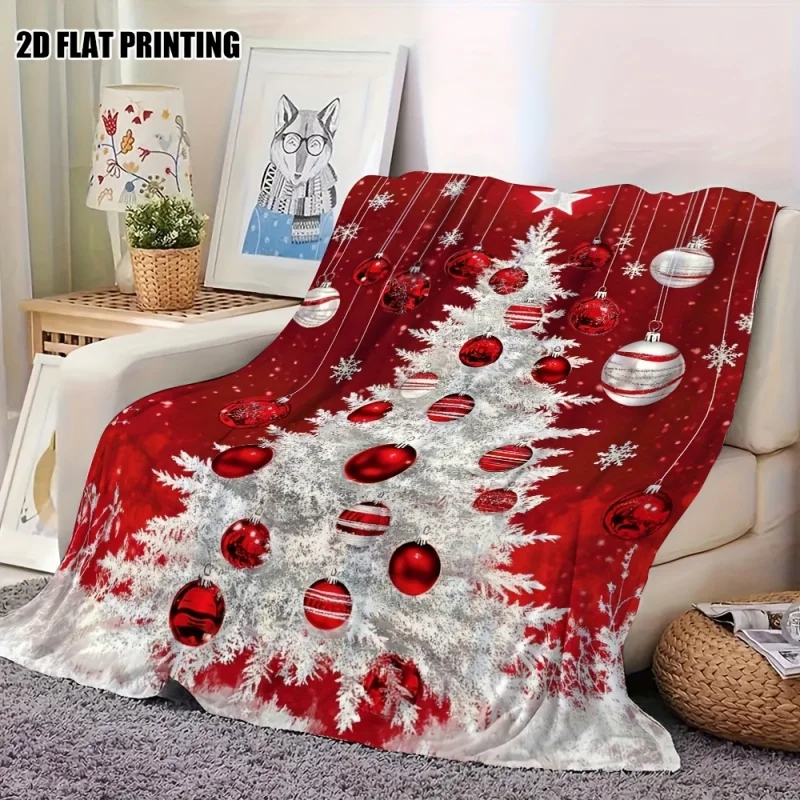 Glitter Red Gold Snowflake Christmas Bauble Winter Flannel Throw Blanket, Merry Christmas Ornament Snowy Scene HolidayBlanket
