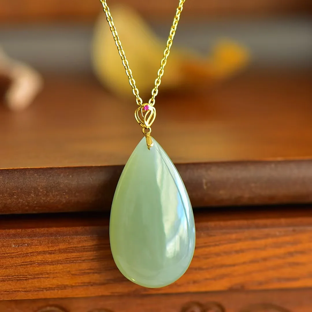 

Water Drop Pendant 18K Gold Hetian Jade, Morandi Color Qiemo Blue Jewelry Girls Gift SN0076