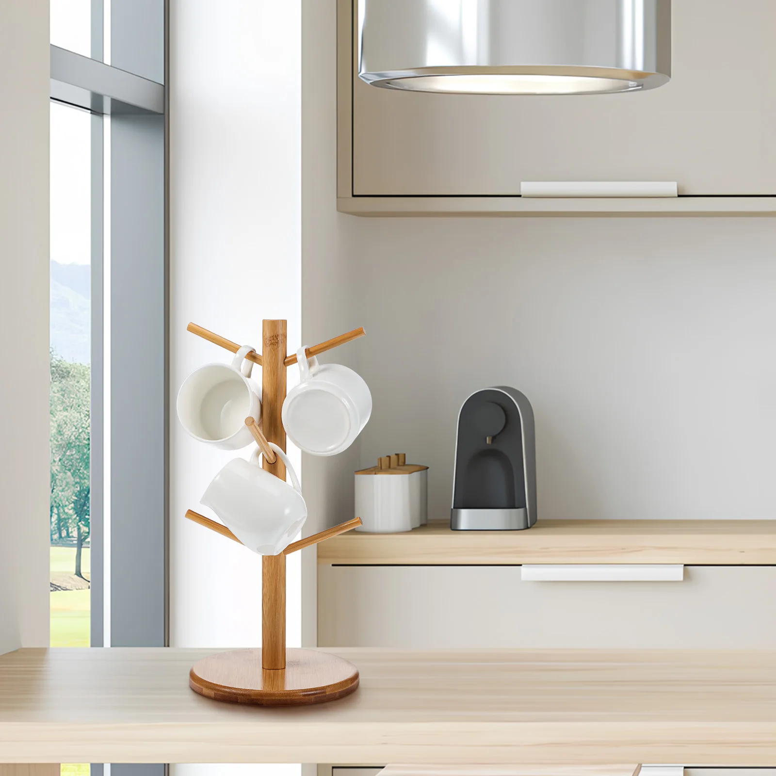 

Bamboo Mug Tree Holder Cup Stand Organizer For Kitchen Counter Round Base Coffee Bar Rack Storage Neat Tidy Sturdy Easy