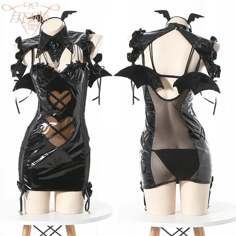 زي الملاك الأسود Huante Lingerin Pu Lady Suspender مشد ملابس داخلية نسائية جلدية بدلة للجسم ملابس داخلية مثيرة؛ 4.f'7;j,3'