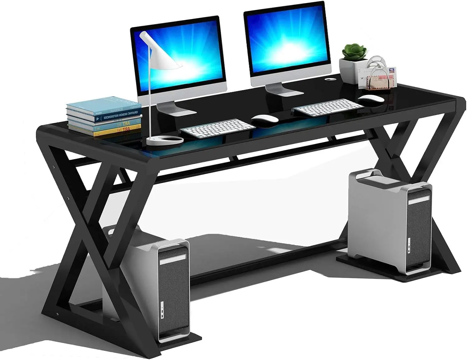 Modern Glass Computer Desk Black X-Shape 55.1inch Home Office Workstation Setup Steel Frame Stylish Workspace